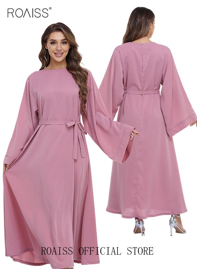 roaiss Maxi Dress for Women Solid Color Long Sleeve Dress Round Neck Casual Plus Size Loose Long Dresses Flared Sleeve Lace-up Long Dress with Waist Belt for Fall Winter Pink  - Image 3