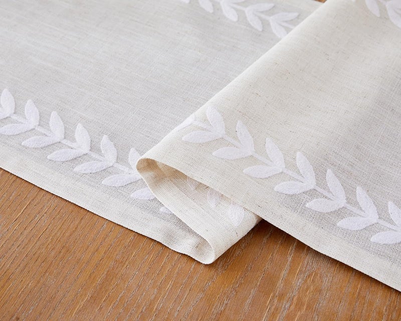 Embroidered Table Runner with Irregular Willow Leaf Design, 14 x 72 Inch, White - Image 4