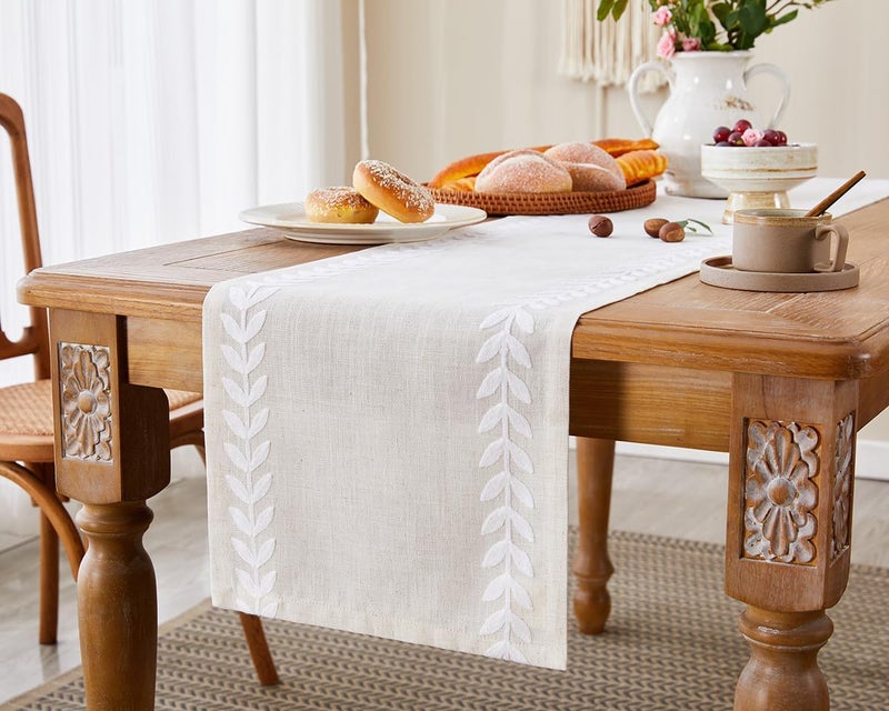 Embroidered Table Runner with Irregular Willow Leaf Design, 14 x 72 Inch, White - Image 5