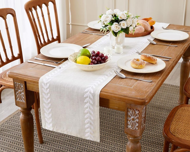Embroidered Table Runner with Irregular Willow Leaf Design, 14 x 72 Inch, White - Image 3