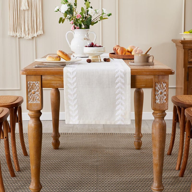 Embroidered Table Runner with Irregular Willow Leaf Design, 14 x 72 Inch, White - Image 2