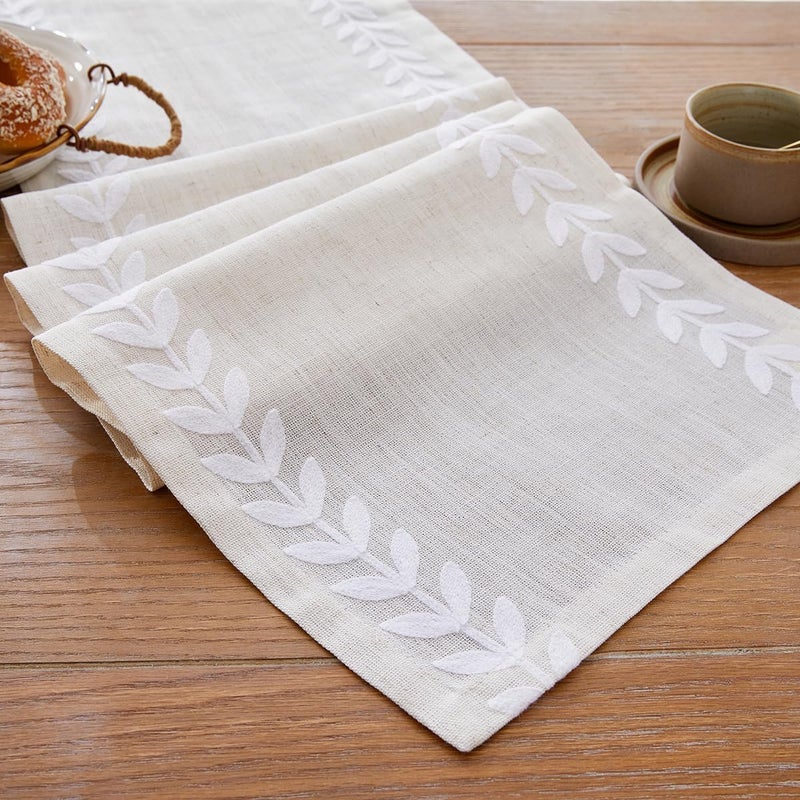 Embroidered Table Runner with Irregular Willow Leaf Design, 14 x 72 Inch, White - Image 1