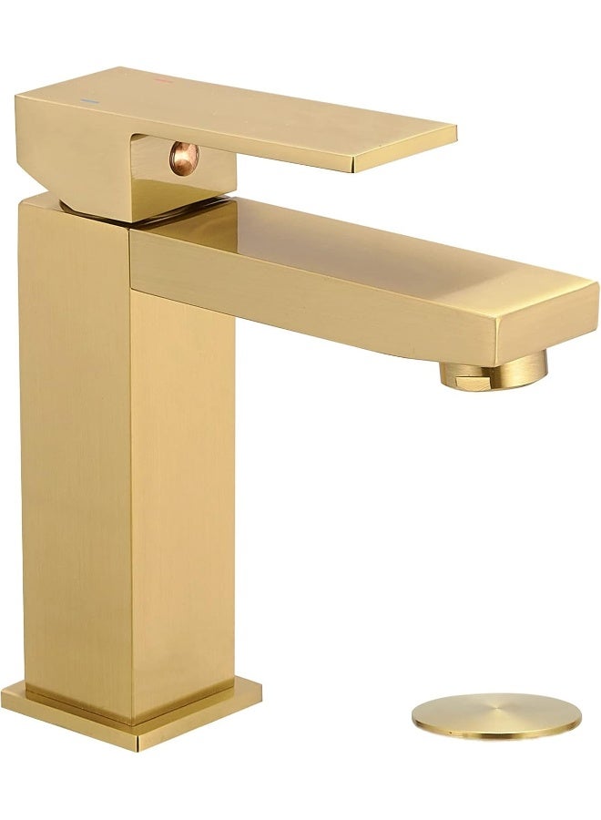 Homemystique Brushed Gold Bathroom Faucet, Modern Single Hole Lavatory Vanity Faucet, Brass Single Handle Bathroom Sink Faucet, With Pop Up Drain ＆ Hoses(Hot And Cold)