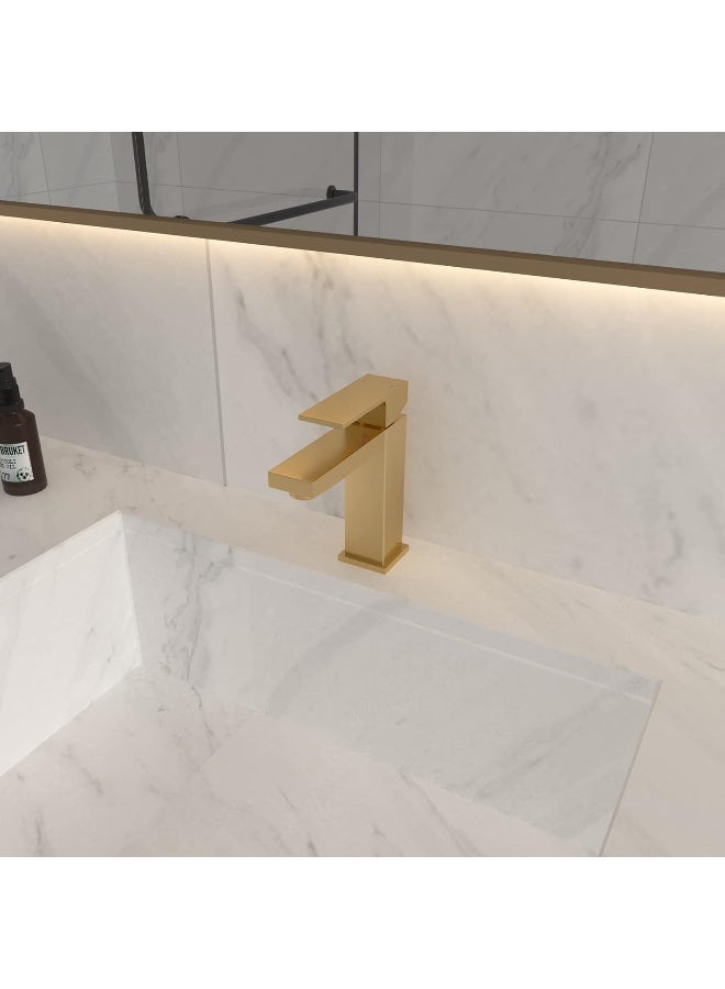 Homemystique Brushed Gold Bathroom Faucet, Modern Single Hole Lavatory Vanity Faucet, Brass Single Handle Bathroom Sink Faucet, With Pop Up Drain ＆ Hoses(Hot And Cold)