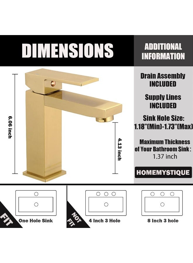 Homemystique Brushed Gold Bathroom Faucet, Modern Single Hole Lavatory Vanity Faucet, Brass Single Handle Bathroom Sink Faucet, With Pop Up Drain ＆ Hoses(Hot And Cold)