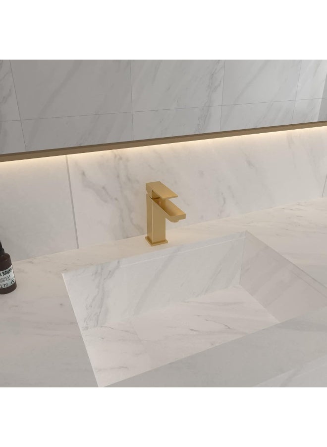 Homemystique Brushed Gold Bathroom Faucet, Modern Single Hole Lavatory Vanity Faucet, Brass Single Handle Bathroom Sink Faucet, With Pop Up Drain ＆ Hoses(Hot And Cold)