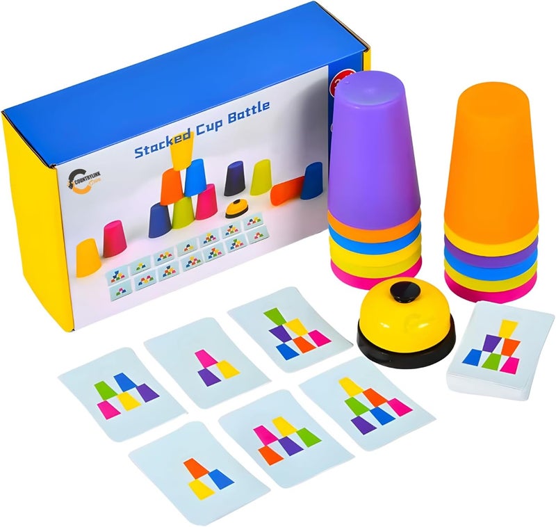 COUNTRYLINK Quick Stacking Cups Game with 50 Picture Cards and Bell - Fun Family Game for Kids - Image 1
