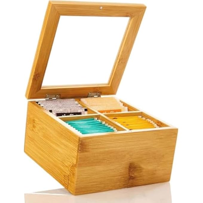 ECVV Tea Box Storage Organizer Table Top Kitchen Spice Box Tea Box Made With Premium Quality Bamboo Material 4 Compartment Tea Organizer With Transparent Lid - Image 1