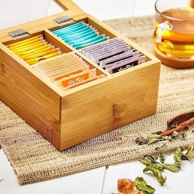 ECVV Tea Box Storage Organizer Table Top Kitchen Spice Box Tea Box Made With Premium Quality Bamboo Material 4 Compartment Tea Organizer With Transparent Lid - Image 5