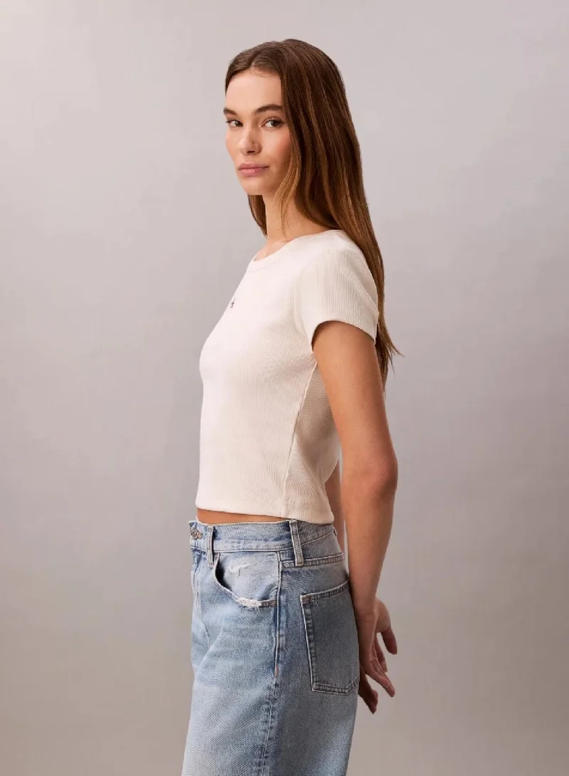 Calvin Klein Calico Slim Ribbed Cotton Badge T-Shirt for Women | Best Price UAE