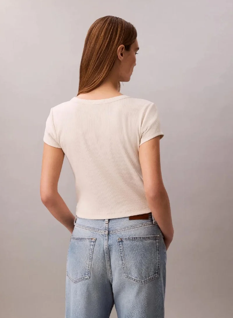 Calvin Klein Calico Slim Ribbed Cotton Badge T-Shirt for Women | Best Price UAE