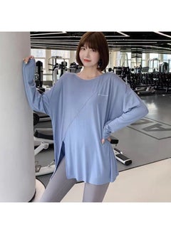 Quick-drying T-shirt Yoga Top Split Sports Top Womens Loose Running Blouse Large Size Fitness Clothes for Chubby Girls Long Sleeve Blue long sleeve 878 [regular]]