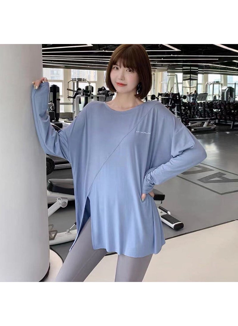 Generic - Quick-drying T-shirt Yoga Top Split Sports Top Womens Loose Running Blouse Large Size Fitness Clothes for Chubby Girls Long Sleeve Blue long sleeve 878 [regular]] - Image 1