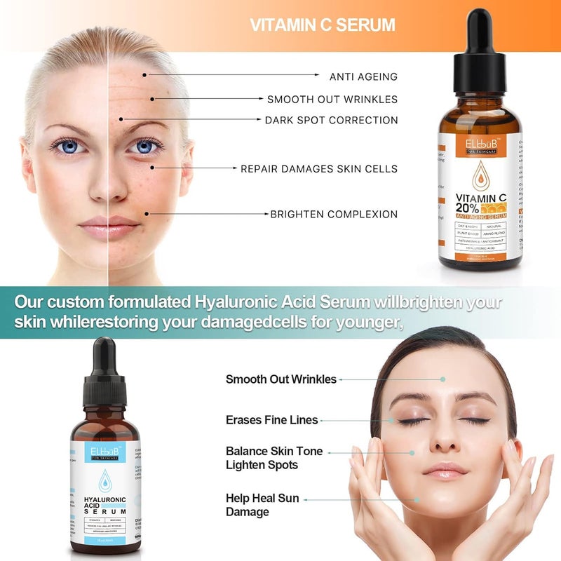 ELBBUB Anti Aging Vitamin C Serum Hyaluronic Acid Serum Set with Hyaluronic Acid Skin Care Set Boost Skin CollagenHydrate Plump Skin Anti Aging Wrinkle Facial Serum - Image 2