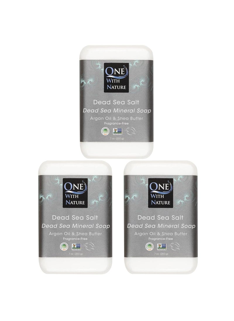 ONE WITH NATURE One With Nature Dead Sea Mineral Salt Soap 7oz 3Pk with Argan Oil  Shea Butter Dead Sea Salt Contains Magnesium Sulfur  21 Essential Minerals Helps skin conditions 100 Natural Fragrance Free 