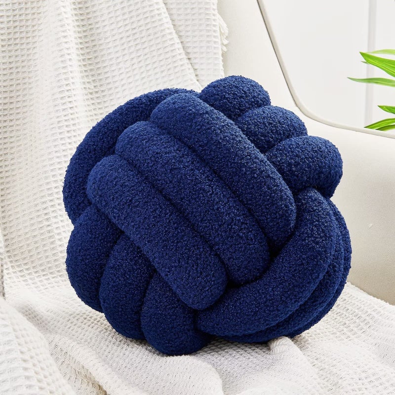 Uvvyui Knot Pillow Ball Soft Home Decorative Pillows Round Throw Pillow Handmade Knotted Plush Pillow Round Boucle Pillow Cushion 14 Inches Navy - Image 2