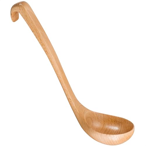 HYQO Wooden Ladle for Soup  108x28 Wood Ladle with Deep Scoop Hanging Hook and Lacquer Coating for a Comfortable Grip Easy to Clean and Store  Hard Thermostable Long Soup Spoon for Kitchen 