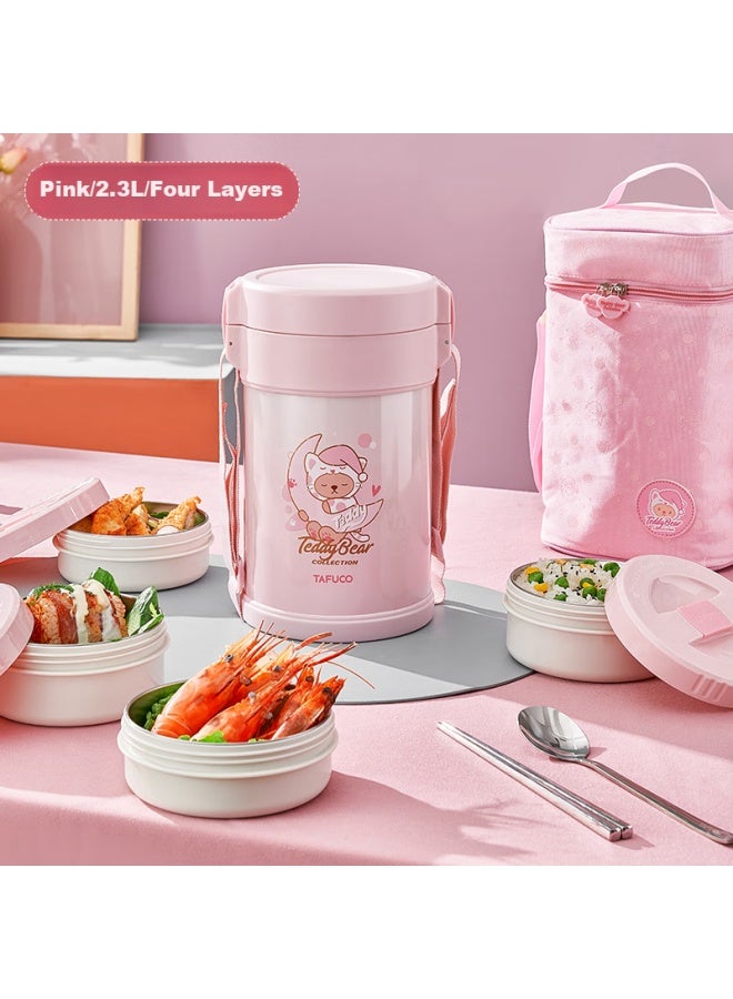 Tafuco Insulated Lunch Box, Stainless Steel Vacuum Insulated Pot, Four-layer Thermal Container, Student Bento Box, 2.3l, Pink T5606 - Image 1