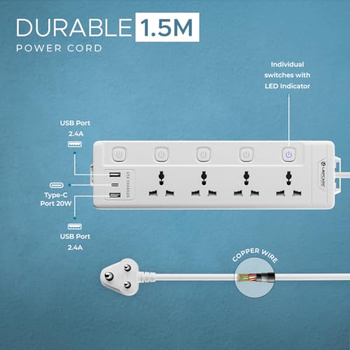 Lapcare Smart Surge Protector with Individual Switch, Extension Board, 250 Volts 4AC Socket 2500W, PD 20w & 2xUSB, 1.5M Copper Cord, Overload Protection, Safety Shutter, Durable PP Body - Image 3