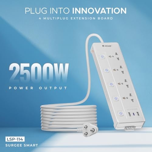 Lapcare Smart Surge Protector with Individual Switch, Extension Board, 250 Volts 4AC Socket 2500W, PD 20w & 2xUSB, 1.5M Copper Cord, Overload Protection, Safety Shutter, Durable PP Body - Image 2