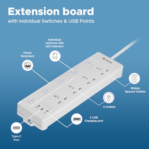 Lapcare Smart Surge Protector with Individual Switch, Extension Board, 250 Volts 4AC Socket 2500W, PD 20w & 2xUSB, 1.5M Copper Cord, Overload Protection, Safety Shutter, Durable PP Body - Image 5