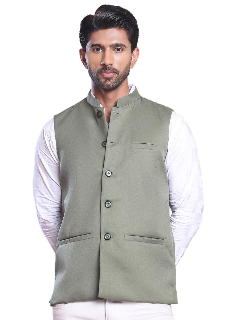 jompers Solid Olive Green Nehru Jacket for Men - Image 1