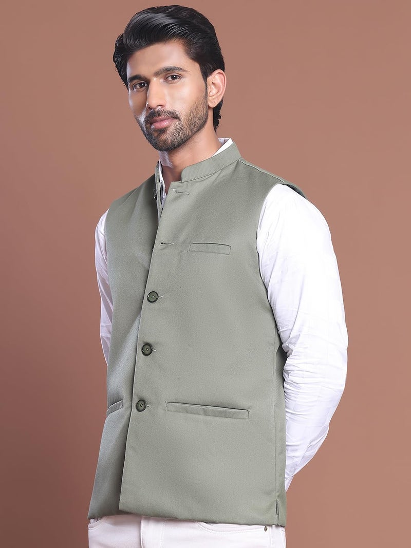 jompers Solid Olive Green Nehru Jacket for Men - Image 2