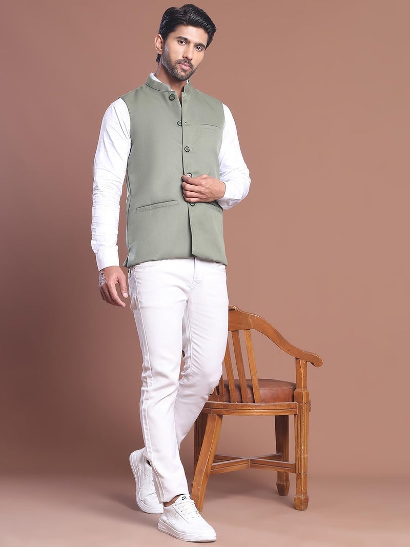 jompers Solid Olive Green Nehru Jacket for Men - Image 5