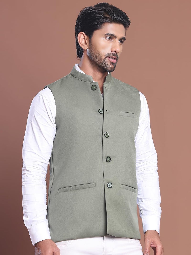 jompers Solid Olive Green Nehru Jacket for Men - Image 4
