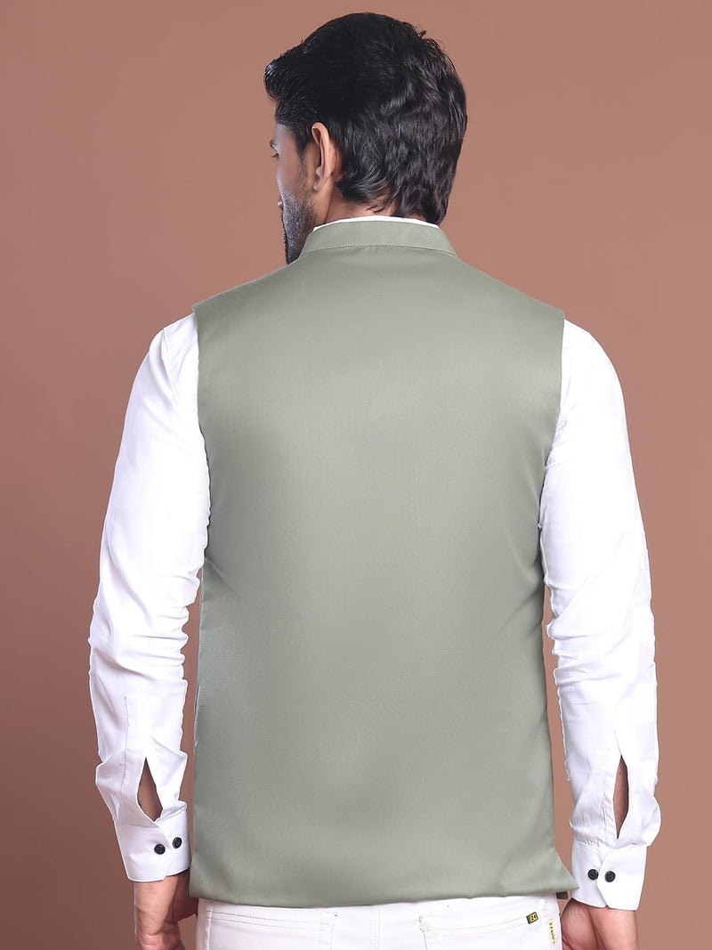 jompers Solid Olive Green Nehru Jacket for Men - Image 3