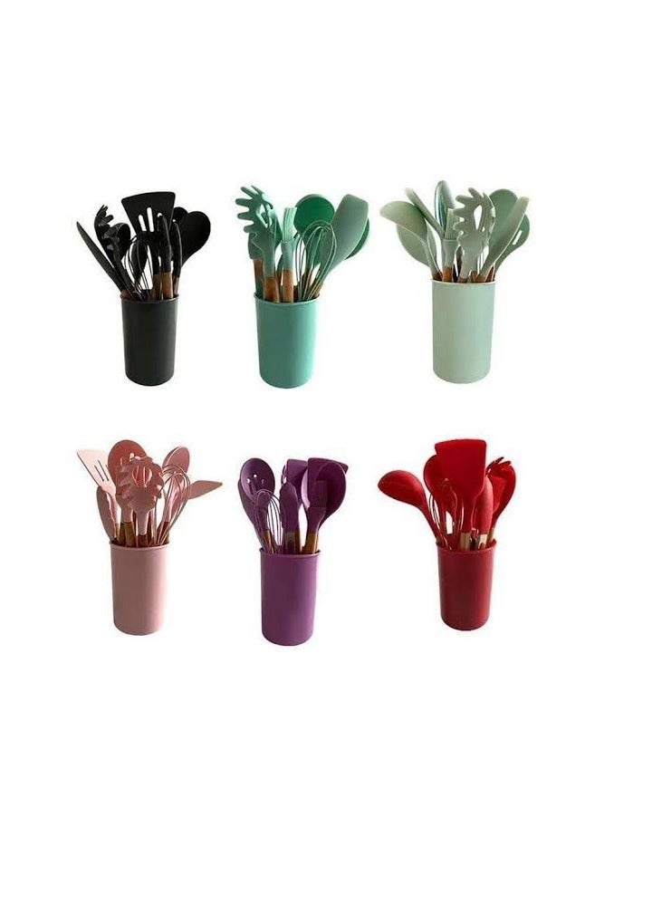 مجموعة أدوات الطبخ أسطوانية الشكل مع مقبض خشبي من 12 قطعة متعدد الألوان - Image 5