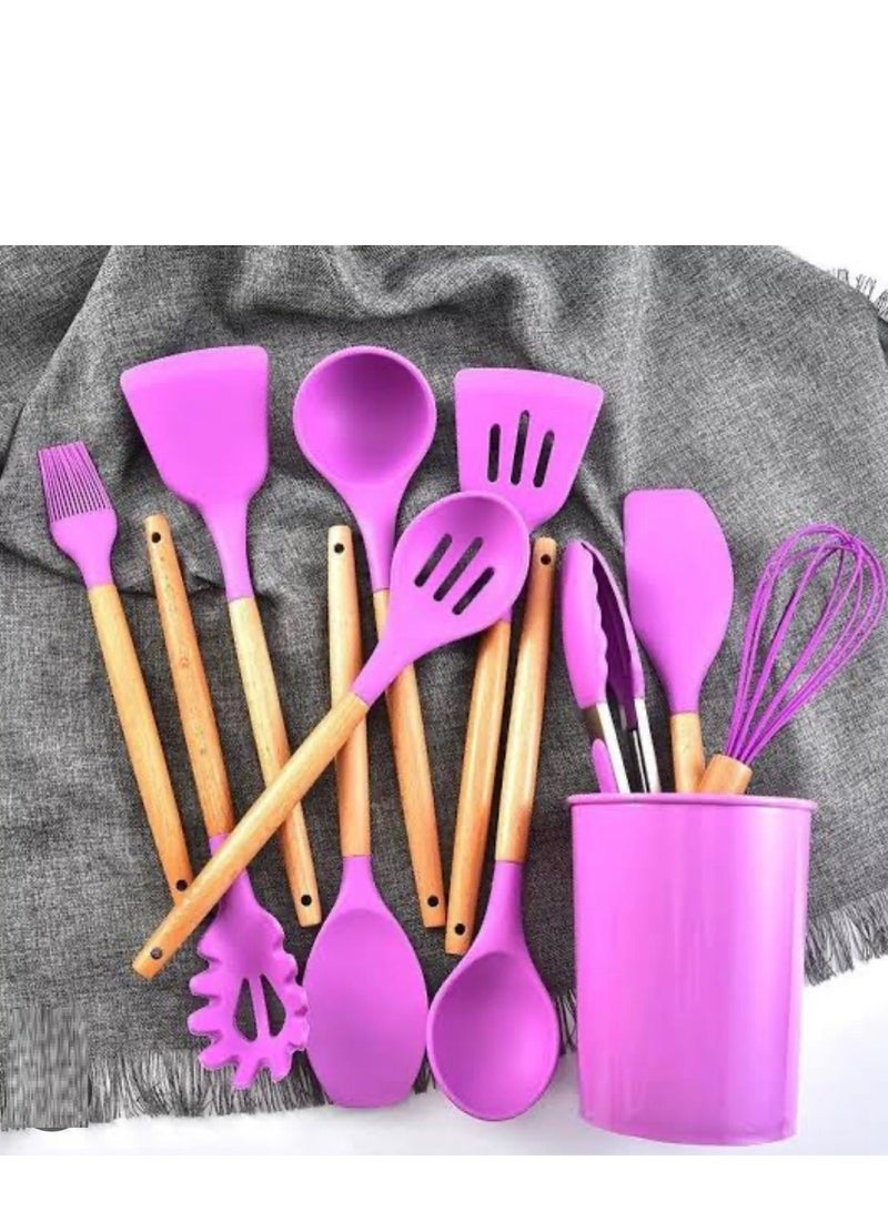 مجموعة أدوات الطبخ أسطوانية الشكل مع مقبض خشبي من 12 قطعة متعدد الألوان - Image 2