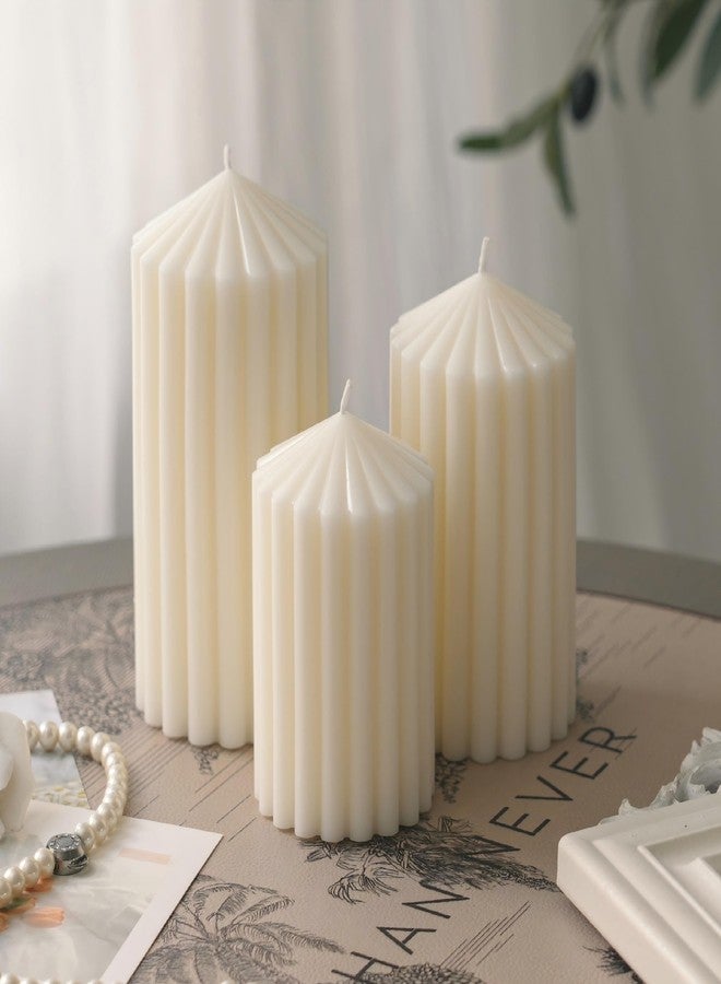 NEWLIGHTURE 3 Pack White Ribbed Pillar Candles - Soy Wax Unscented, 2.76" x4.2/4.9/5.9 in Smokeless Non Toxic Cotton Wick, Aesthetic Modern Candles for Home Decor, Dinner Table, Living Room, Housewarming Gift - Image 1