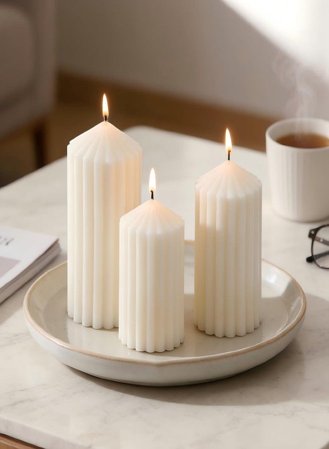 NEWLIGHTURE 3 Pack White Ribbed Pillar Candles - Soy Wax Unscented, 2.76" x4.2/4.9/5.9 in Smokeless Non Toxic Cotton Wick, Aesthetic Modern Candles for Home Decor, Dinner Table, Living Room, Housewarming Gift - Image 4