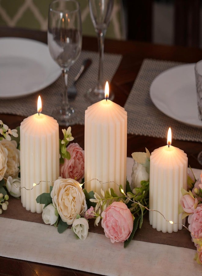 NEWLIGHTURE 3 Pack White Ribbed Pillar Candles - Soy Wax Unscented, 2.76" x4.2/4.9/5.9 in Smokeless Non Toxic Cotton Wick, Aesthetic Modern Candles for Home Decor, Dinner Table, Living Room, Housewarming Gift - Image 5
