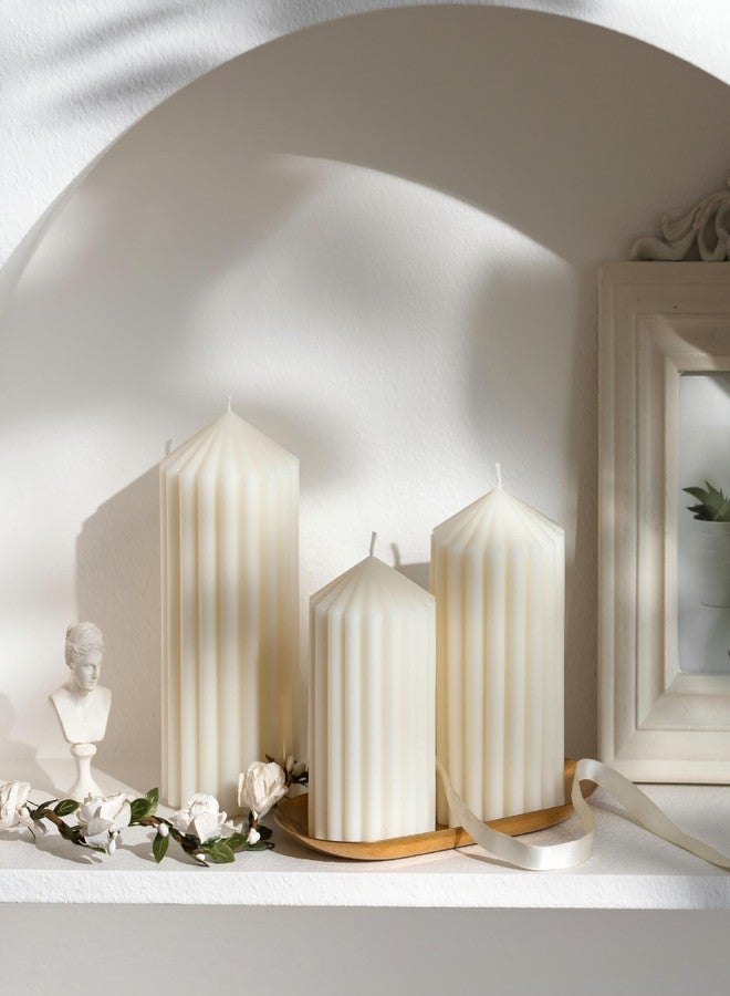 NEWLIGHTURE 3 Pack White Ribbed Pillar Candles - Soy Wax Unscented, 2.76" x4.2/4.9/5.9 in Smokeless Non Toxic Cotton Wick, Aesthetic Modern Candles for Home Decor, Dinner Table, Living Room, Housewarming Gift - Image 3