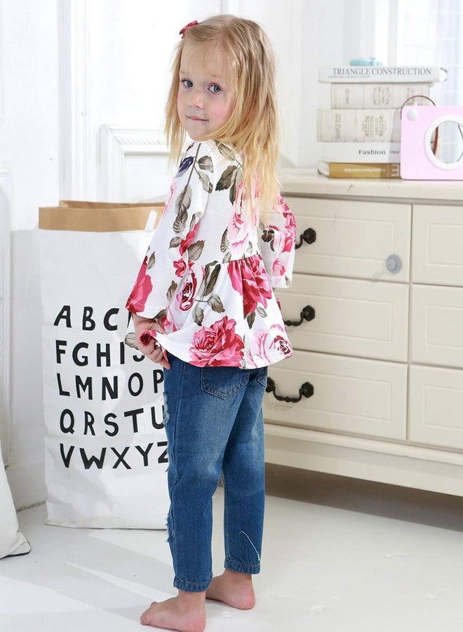 CARETOO Baby Girl Clothes Floral Print Long Sleeve Crew Neck Ruffle Top Fashion Ripped Jeans Fall Winter Toddler Girls Outfits - Image 3