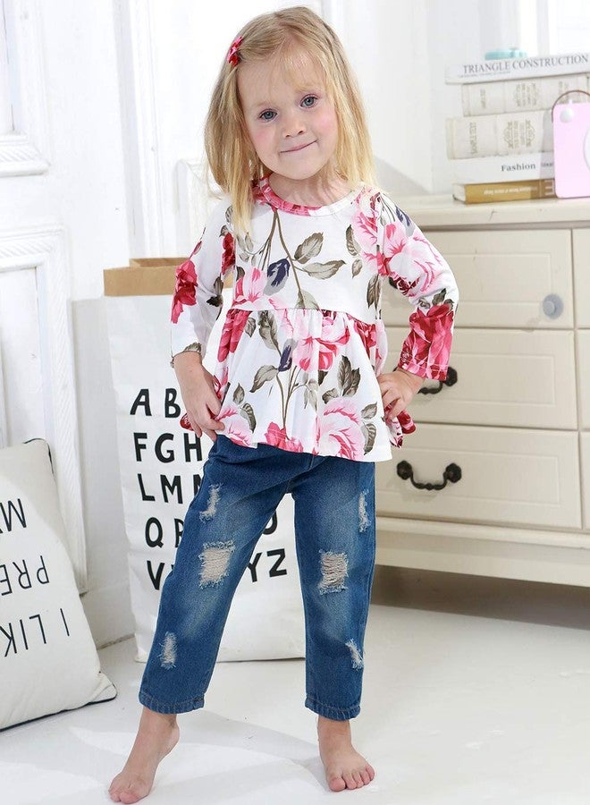 CARETOO Baby Girl Clothes Floral Print Long Sleeve Crew Neck Ruffle Top Fashion Ripped Jeans Fall Winter Toddler Girls Outfits - Image 2