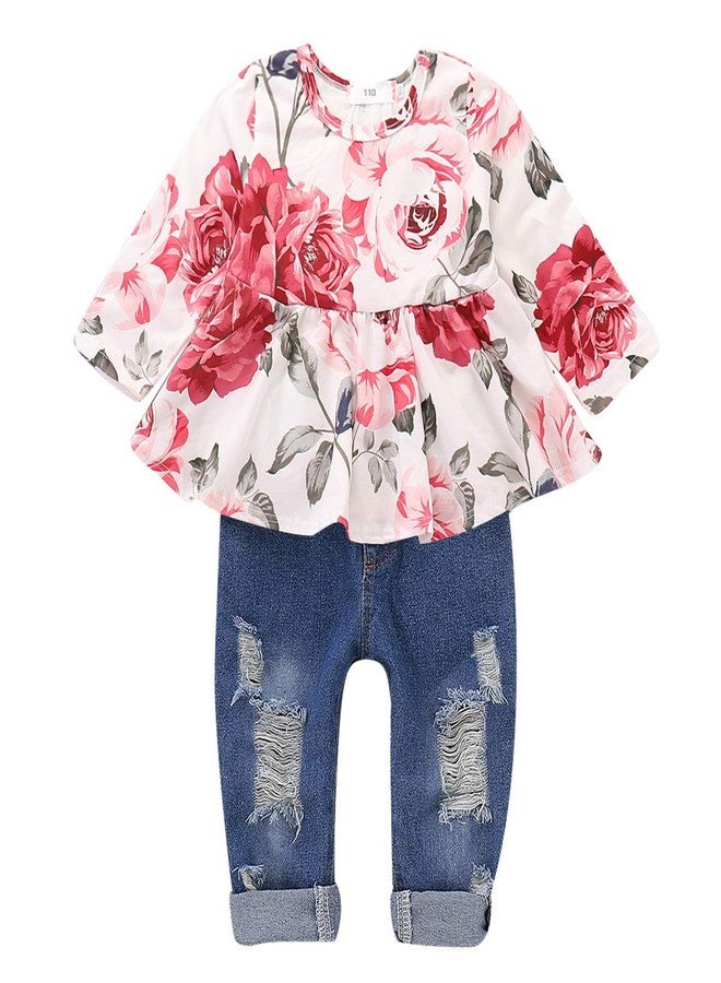 CARETOO Baby Girl Clothes Floral Print Long Sleeve Crew Neck Ruffle Top Fashion Ripped Jeans Fall Winter Toddler Girls Outfits - Image 1