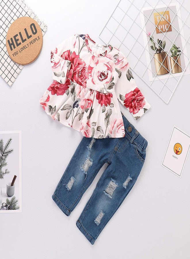 CARETOO Baby Girl Clothes Floral Print Long Sleeve Crew Neck Ruffle Top Fashion Ripped Jeans Fall Winter Toddler Girls Outfits - Image 4