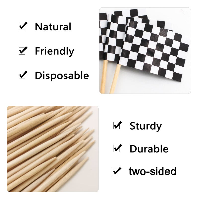 BLUETOP BLUE TOP 100 Pcs Checkered Black and White Racing Stick Flag Small Toothpick Mini Stick Cupcake Toppers Picks Party Decoration Olympic Games Celebration Cocktail picks for Party Bar Sport events. - Image 3