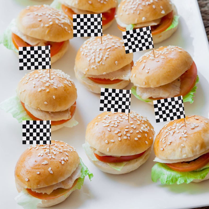 BLUETOP BLUE TOP 100 Pcs Checkered Black and White Racing Stick Flag Small Toothpick Mini Stick Cupcake Toppers Picks Party Decoration Olympic Games Celebration Cocktail picks for Party Bar Sport events. - Image 4