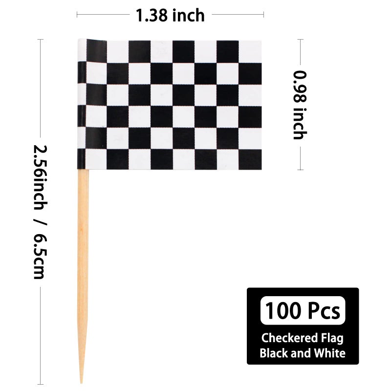 BLUETOP BLUE TOP 100 Pcs Checkered Black and White Racing Stick Flag Small Toothpick Mini Stick Cupcake Toppers Picks Party Decoration Olympic Games Celebration Cocktail picks for Party Bar Sport events. - Image 2