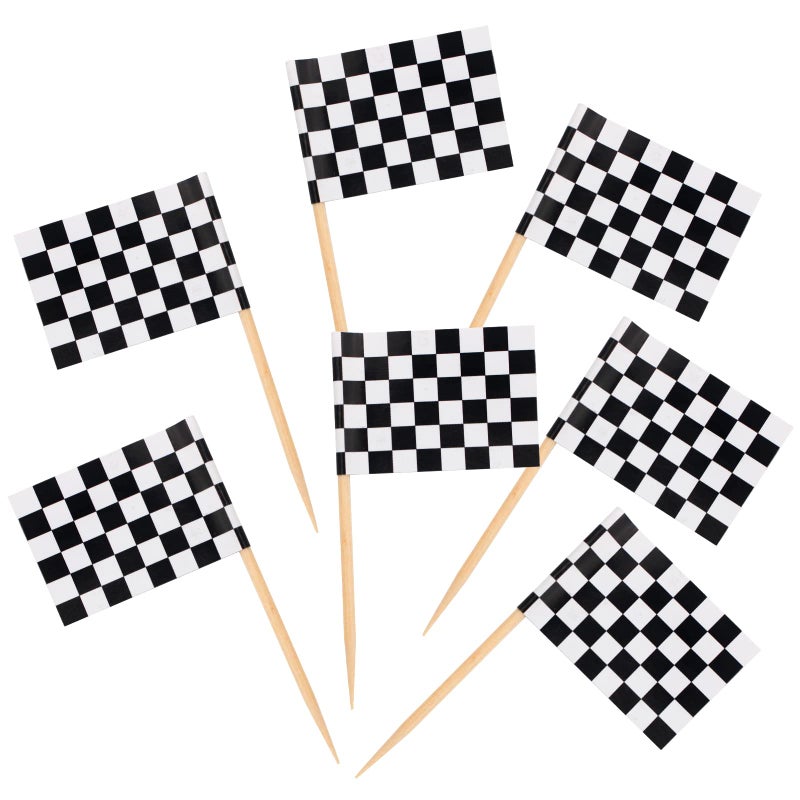 BLUETOP BLUE TOP 100 Pcs Checkered Black and White Racing Stick Flag Small Toothpick Mini Stick Cupcake Toppers Picks Party Decoration Olympic Games Celebration Cocktail picks for Party Bar Sport events. - Image 1