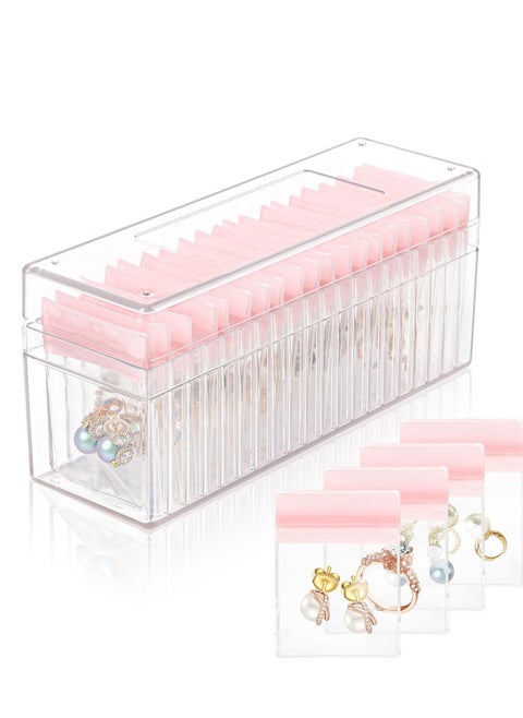 Acrylic Jewelry Box Organizer, Clear Jewelry Organizers and Storage BOX with 20 pink Portable Anti Tarnish Jewelry Bags, Travel Jewelry Case for Rings Earrings Necklaces