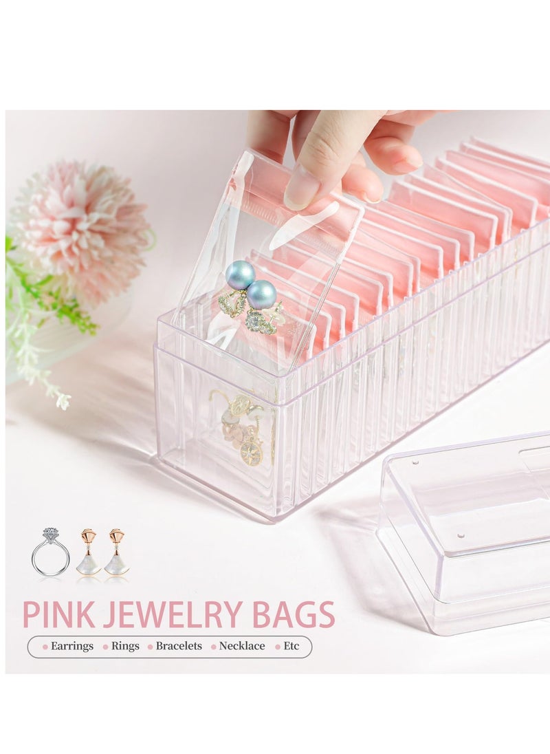 Acrylic Jewelry Box Organizer, Clear Jewelry Organizers and Storage BOX with 20 pink Portable Anti Tarnish Jewelry Bags, Travel Jewelry Case for Rings Earrings Necklaces