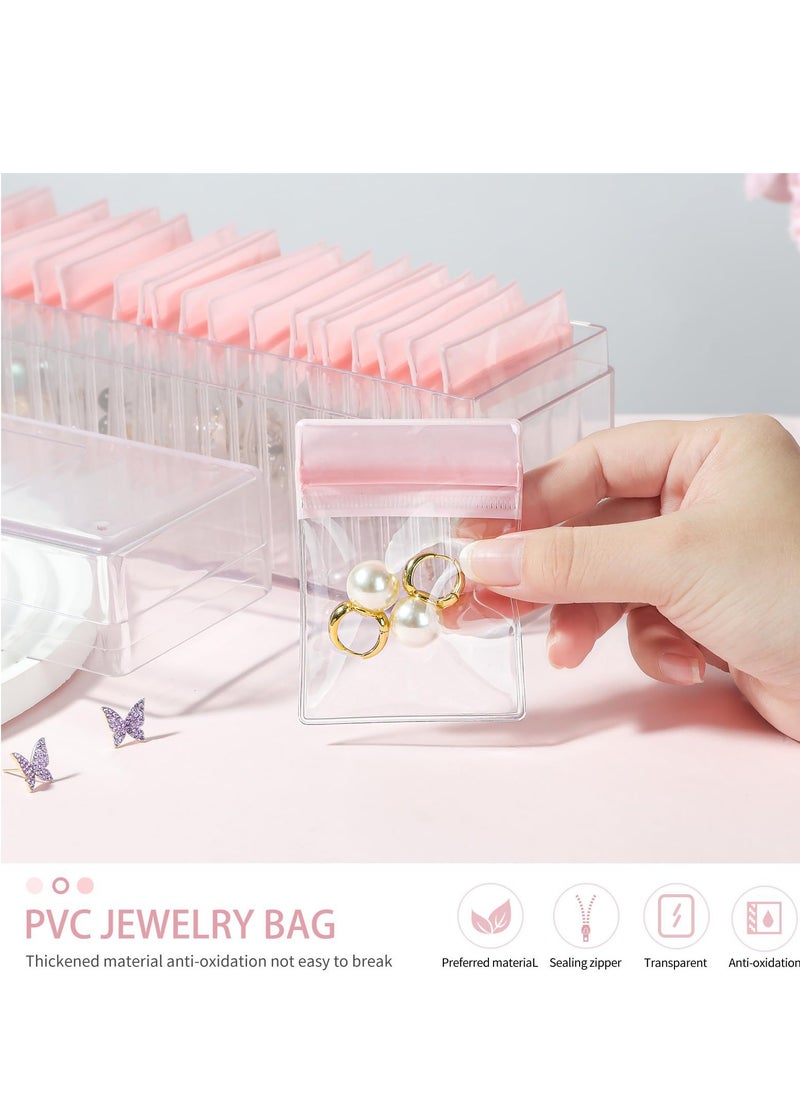Acrylic Jewelry Box Organizer, Clear Jewelry Organizers and Storage BOX with 20 pink Portable Anti Tarnish Jewelry Bags, Travel Jewelry Case for Rings Earrings Necklaces