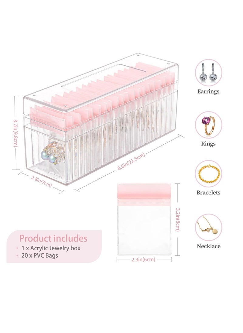 Acrylic Jewelry Box Organizer, Clear Jewelry Organizers and Storage BOX with 20 pink Portable Anti Tarnish Jewelry Bags, Travel Jewelry Case for Rings Earrings Necklaces
