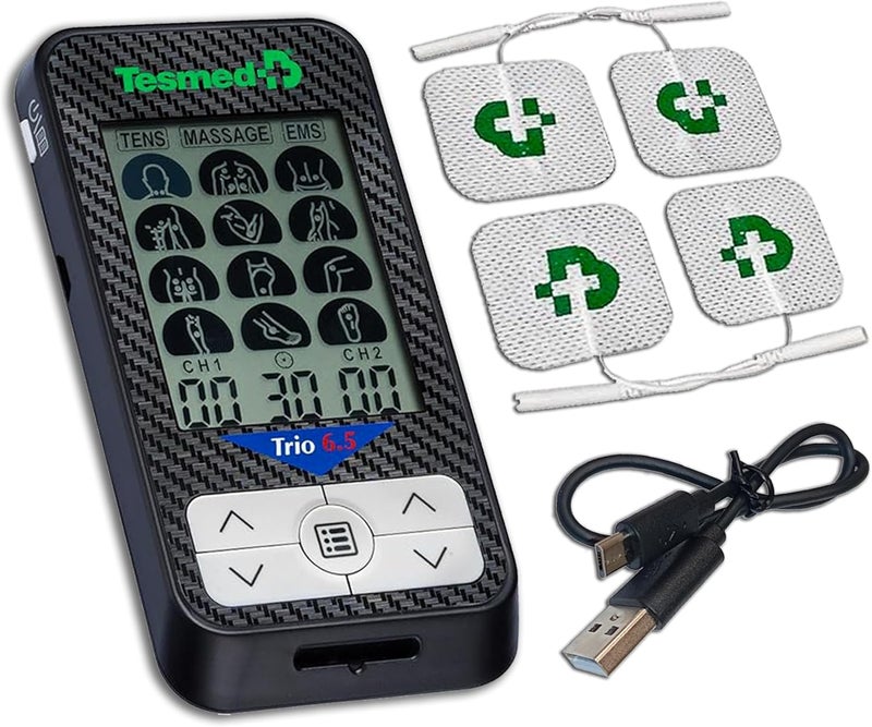 Tesmed جهاز TESMED Trio 65 القابل لإعادة الشحن عبر USB لتخفيف الألم، جهاز تحفيز العضلات EMS، 36 برنامج، 40 مستوى شدة، 4 أقطاب كهربائية، EMS، TENS وتدليك، مثالي للياقة البدنية وعلاج الألم - Image 1