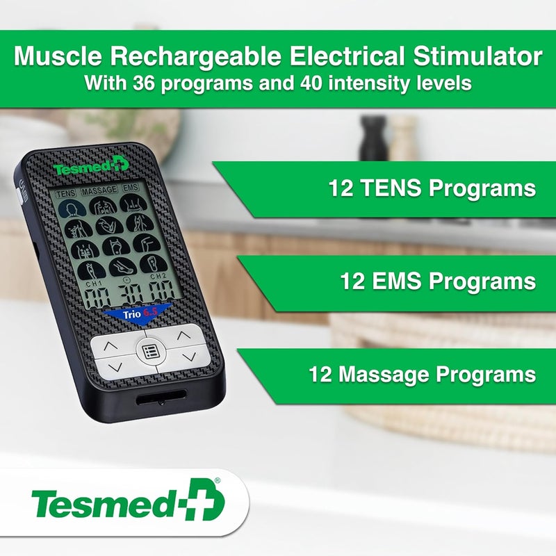 Tesmed جهاز TESMED Trio 65 القابل لإعادة الشحن عبر USB لتخفيف الألم، جهاز تحفيز العضلات EMS، 36 برنامج، 40 مستوى شدة، 4 أقطاب كهربائية، EMS، TENS وتدليك، مثالي للياقة البدنية وعلاج الألم - Image 2